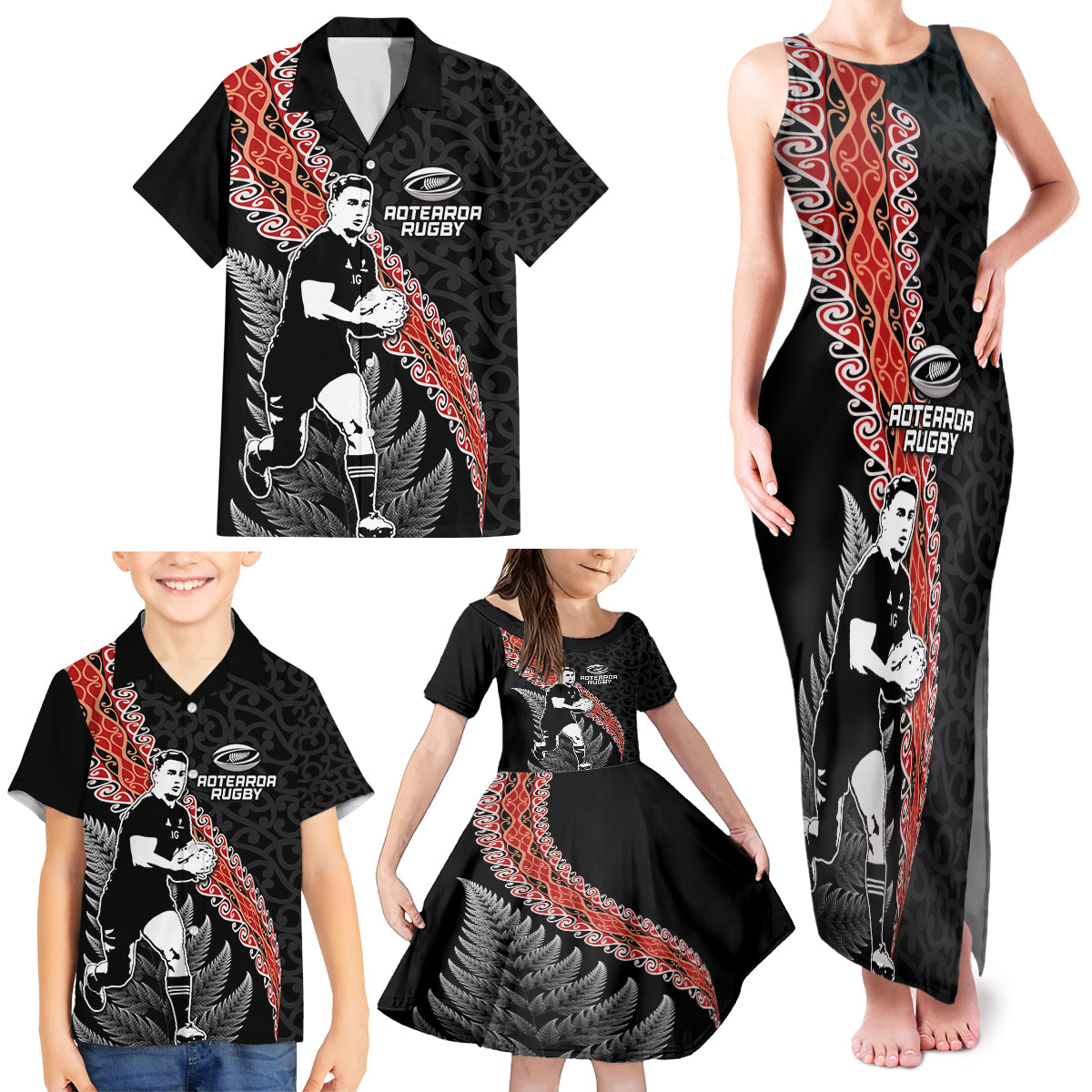 New Zealand Maori Rugby Player Family Matching Tank Maxi Dress and Hawaiian Shirt Maori and Silver Fern Half Style LT03 - Polynesian Pride