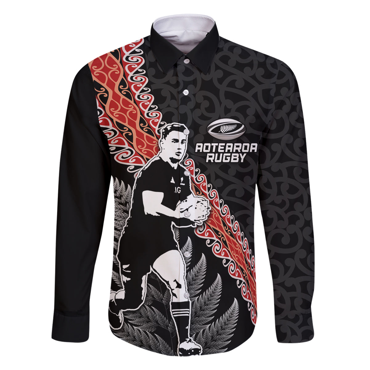 New Zealand Maori Rugby Player Family Matching Tank Maxi Dress and Hawaiian Shirt Maori and Silver Fern Half Style LT03 Dad's Shirt - Long Sleeve Black - Polynesian Pride