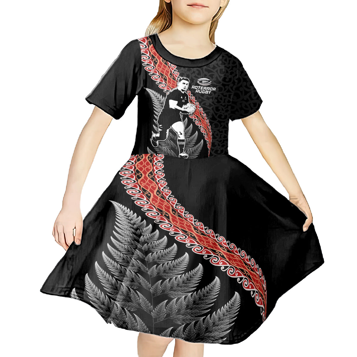 New Zealand Maori Rugby Player Kid Short Sleeve Dress Maori and Silver Fern Half Style