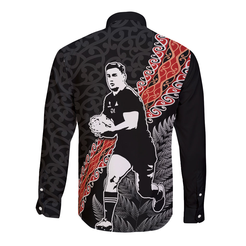 New Zealand Maori Rugby Player Long Sleeve Button Shirt Maori and Silver Fern Half Style