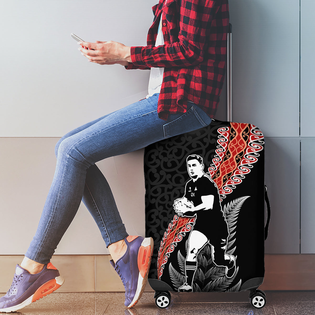 New Zealand Maori Rugby Player Luggage Cover Maori and Silver Fern Half Style