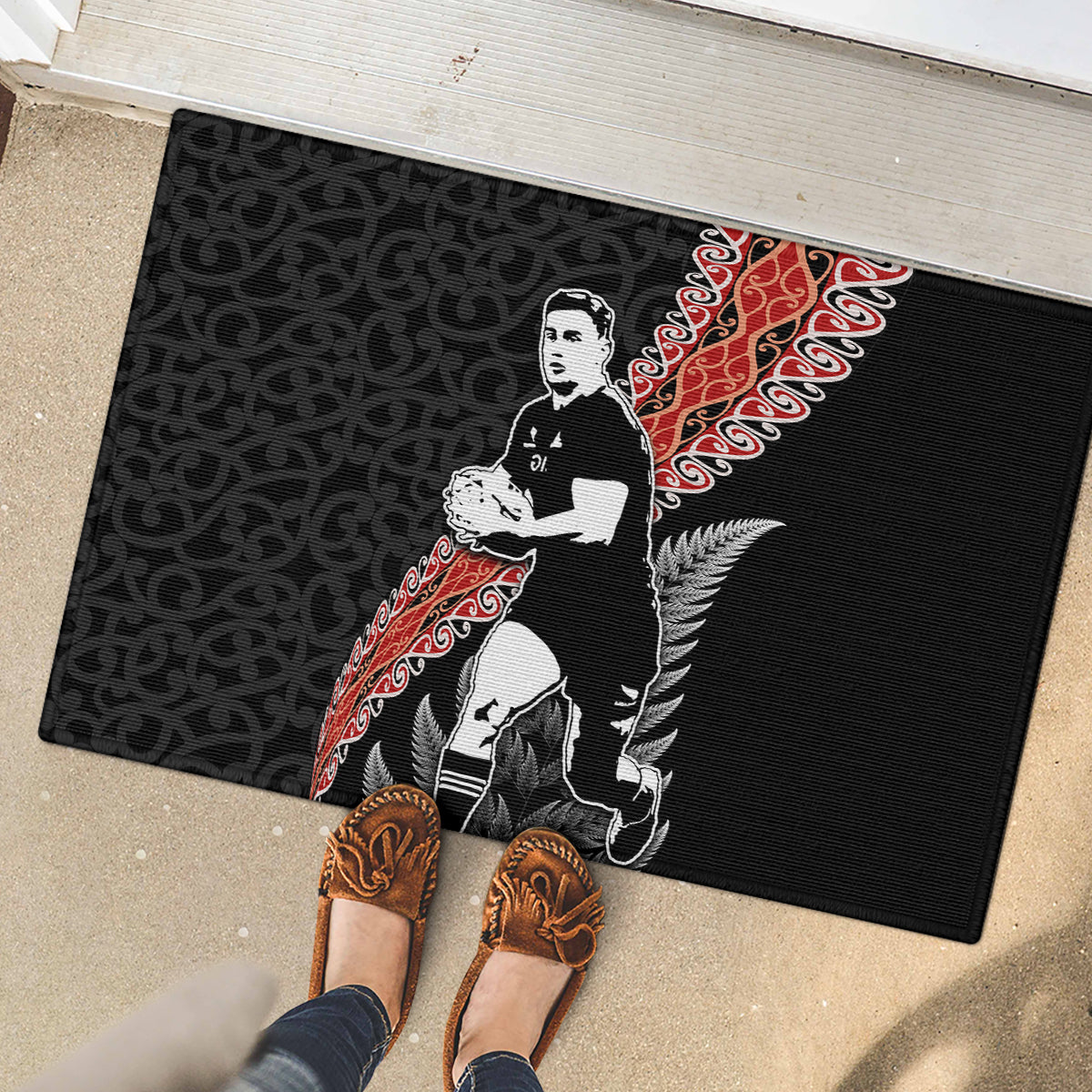 New Zealand Maori Rugby Player Rubber Doormat Maori and Silver Fern Half Style LT03 - Polynesian Pride