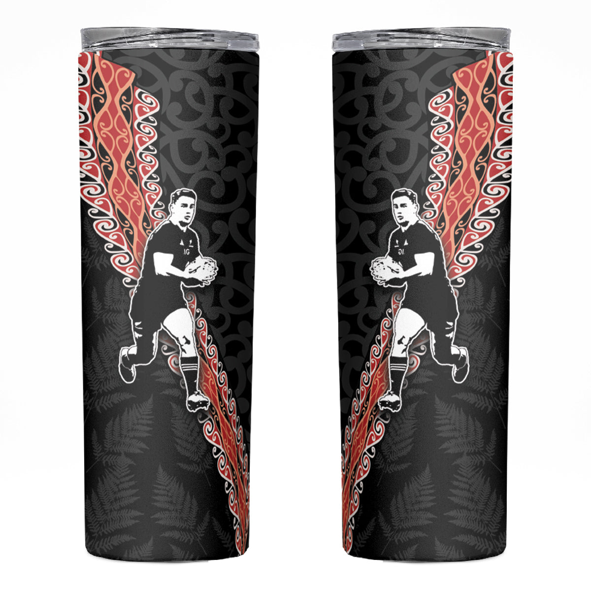 New Zealand Maori Rugby Player Skinny Tumbler Maori and Silver Fern Half Style