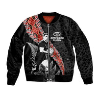 New Zealand Maori Rugby Player Sleeve Zip Bomber Jacket Maori and Silver Fern Half Style LT03 Unisex Black - Polynesian Pride