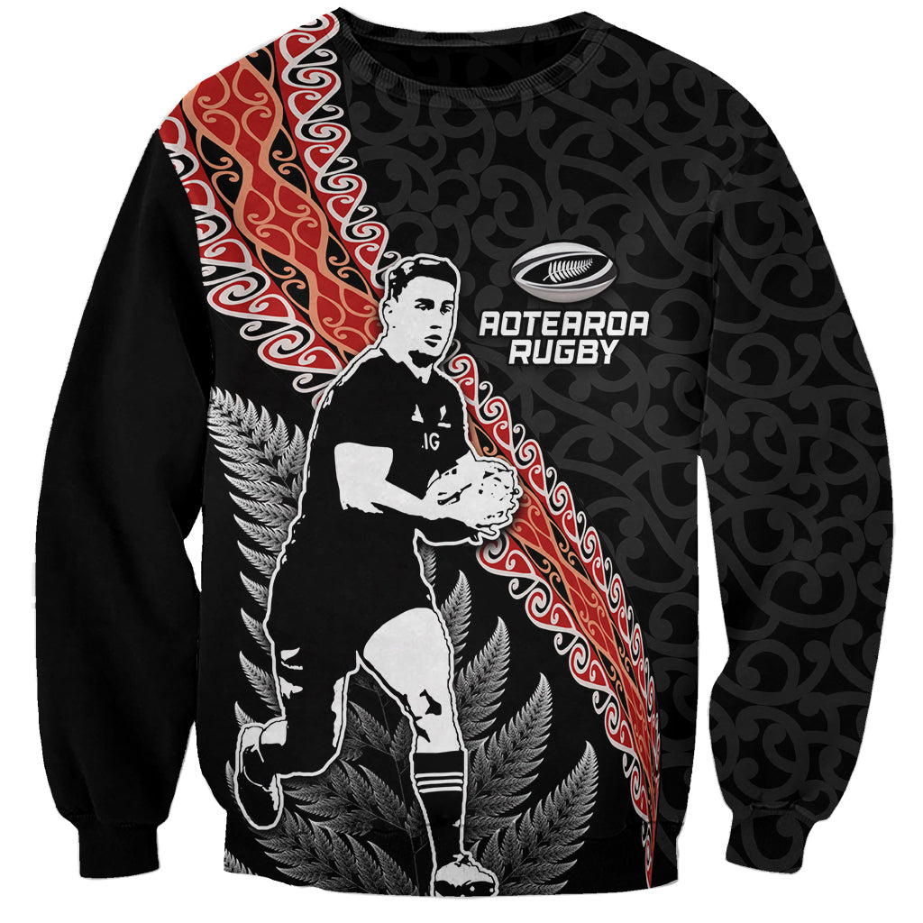 New Zealand Maori Rugby Player Sweatshirt Maori and Silver Fern Half Style LT03 Unisex Black - Polynesian Pride