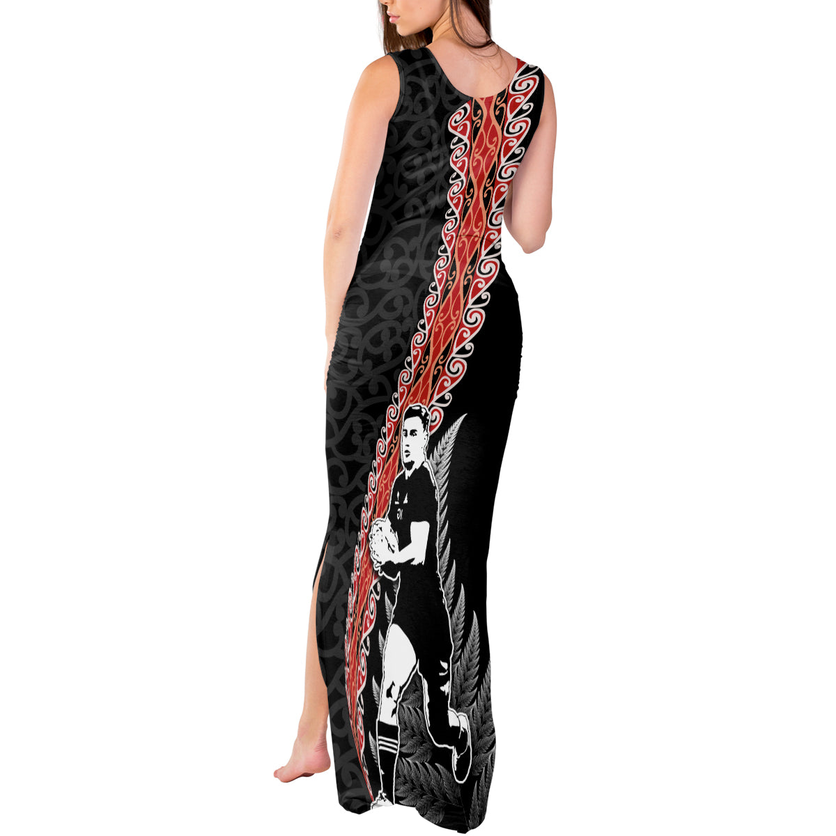 New Zealand Maori Rugby Player Tank Maxi Dress Maori and Silver Fern Half Style