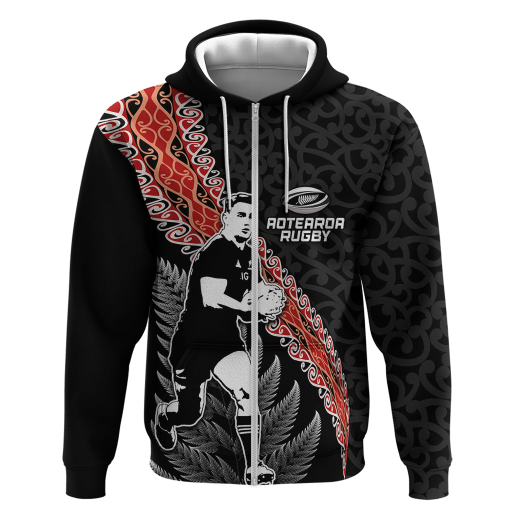 New Zealand Maori Rugby Player Zip Hoodie Maori and Silver Fern Half Style