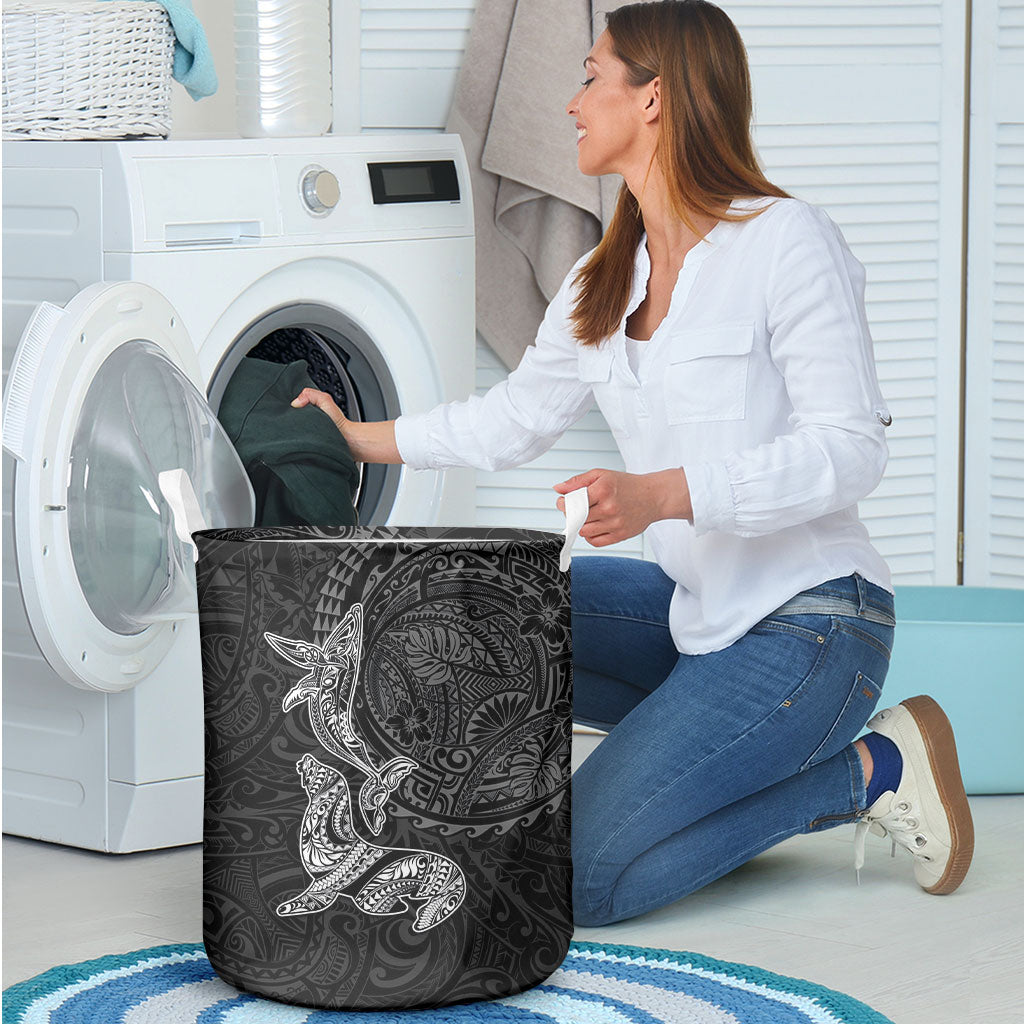 Hawaiian Monk Seal and Whale Laundry Basket Kakau Tribal Pattern Grayscale