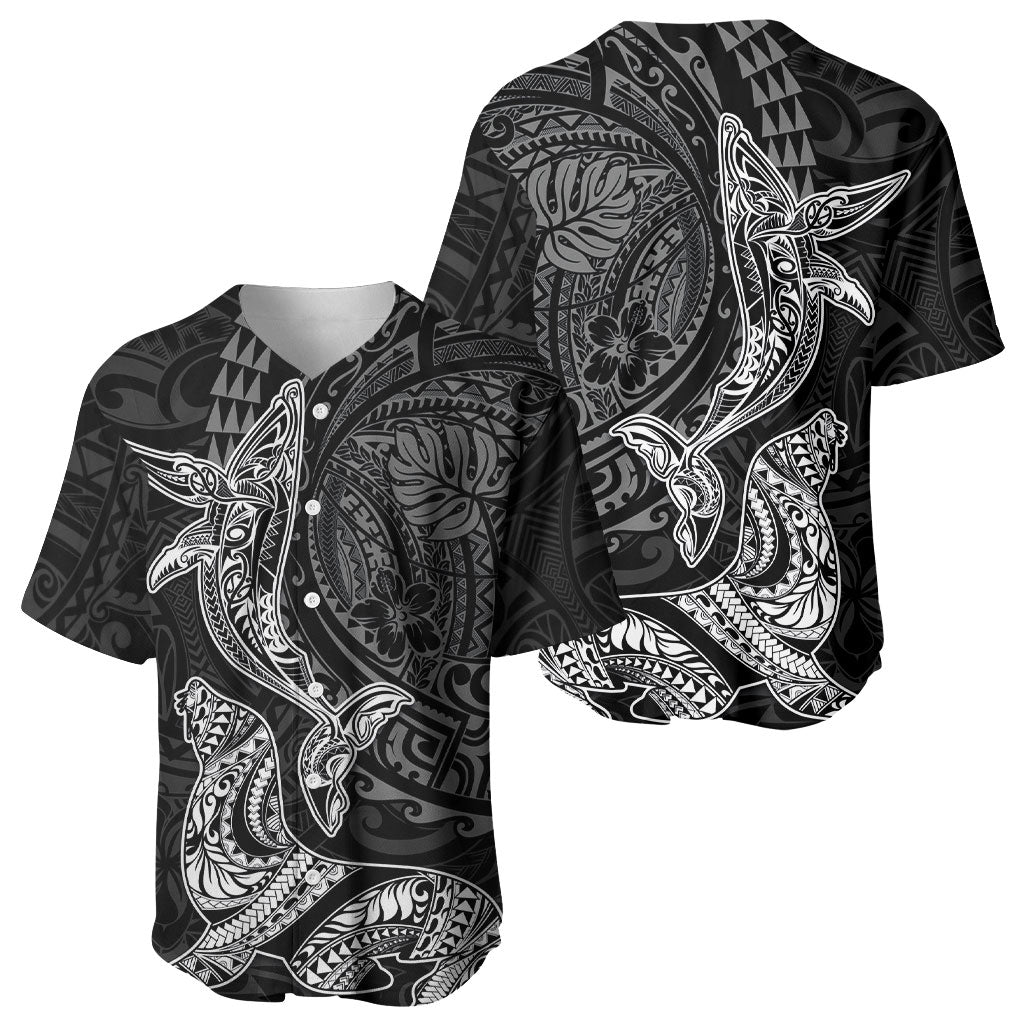 Hawaiian Monk Seal and Whale Baseball Jersey Kakau Tribal Pattern Grayscale