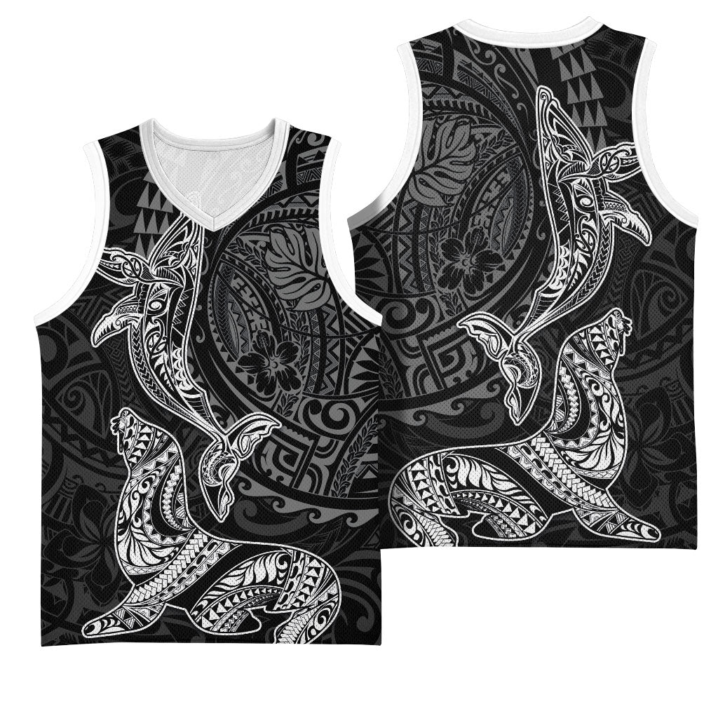 Hawaiian Monk Seal and Whale Basketball Jersey Kakau Tribal Pattern Grayscale
