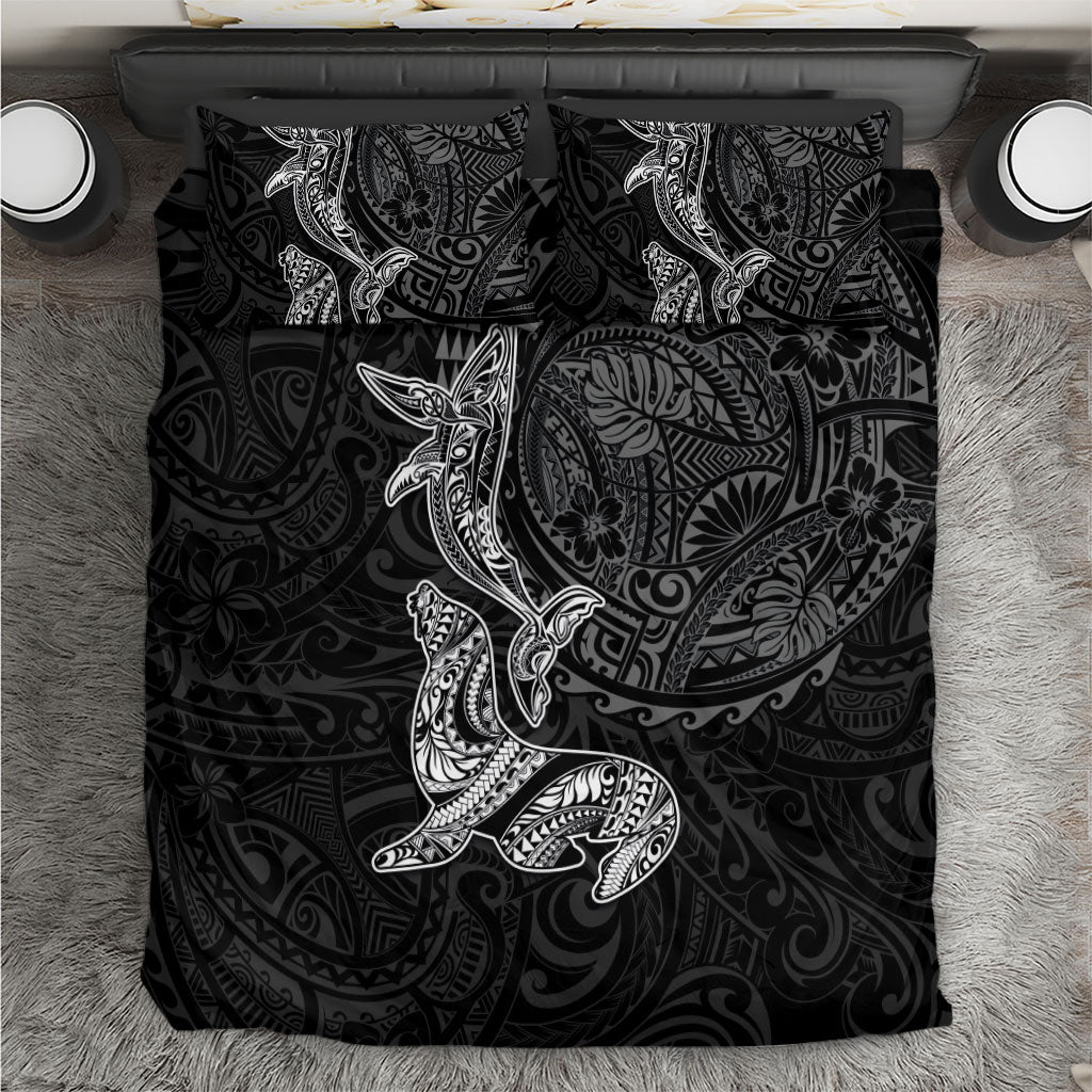 Hawaiian Monk Seal and Whale Bedding Set Kakau Tribal Pattern Grayscale