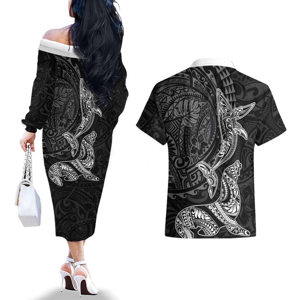 Hawaiian Monk Seal and Whale Couples Matching Off The Shoulder Long Sleeve Dress and Hawaiian Shirt Kakau Tribal Pattern Grayscale LT03 - Polynesian Pride