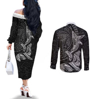 Hawaiian Monk Seal and Whale Couples Matching Off The Shoulder Long Sleeve Dress and Long Sleeve Button Shirt Kakau Tribal Pattern Grayscale LT03 - Polynesian Pride