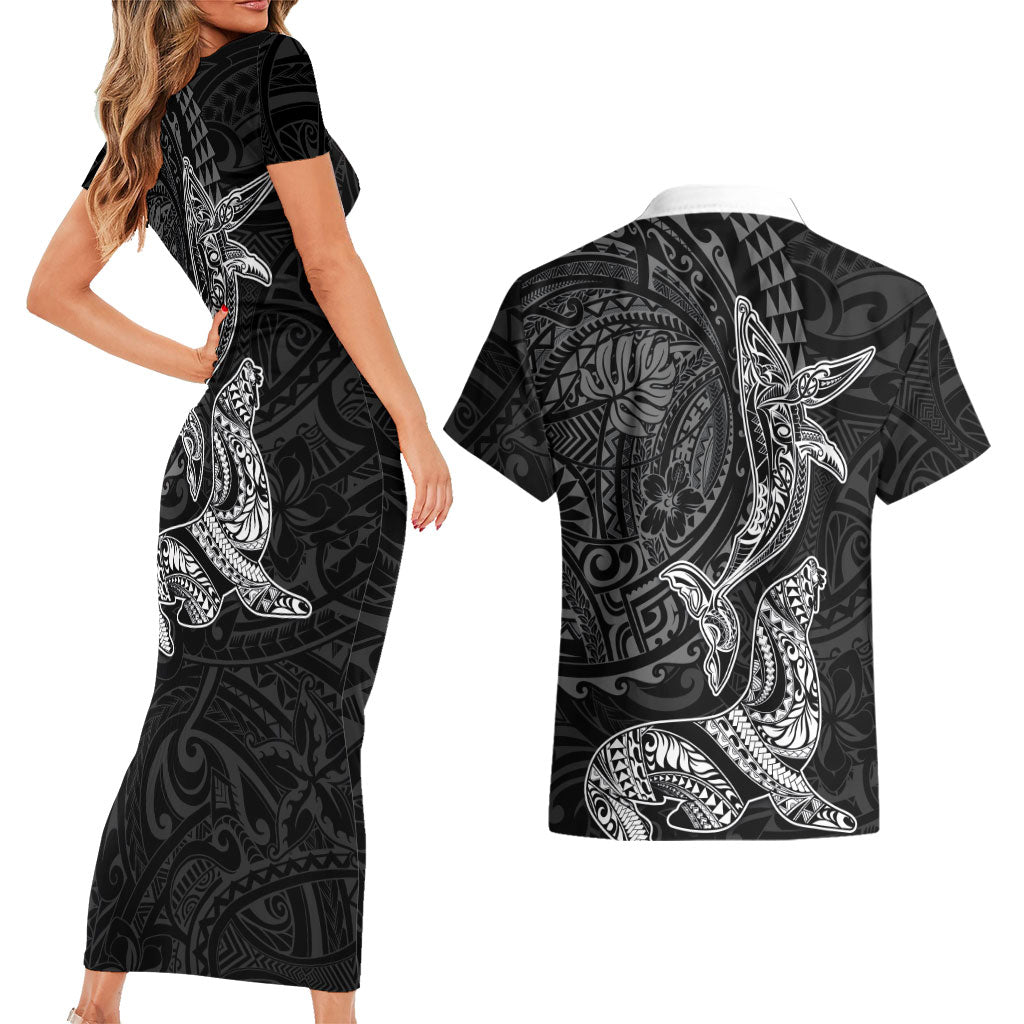 Hawaiian Monk Seal and Whale Couples Matching Short Sleeve Bodycon Dress and Hawaiian Shirt Kakau Tribal Pattern Grayscale LT03 - Polynesian Pride