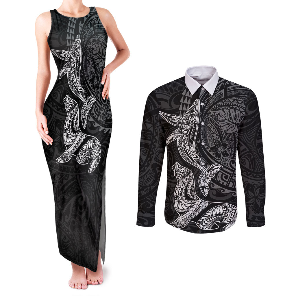 Hawaiian Monk Seal and Whale Couples Matching Tank Maxi Dress and Long Sleeve Button Shirt Kakau Tribal Pattern Grayscale LT03 Black - Polynesian Pride