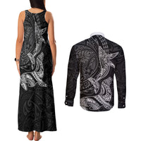 Hawaiian Monk Seal and Whale Couples Matching Tank Maxi Dress and Long Sleeve Button Shirt Kakau Tribal Pattern Grayscale LT03 - Polynesian Pride