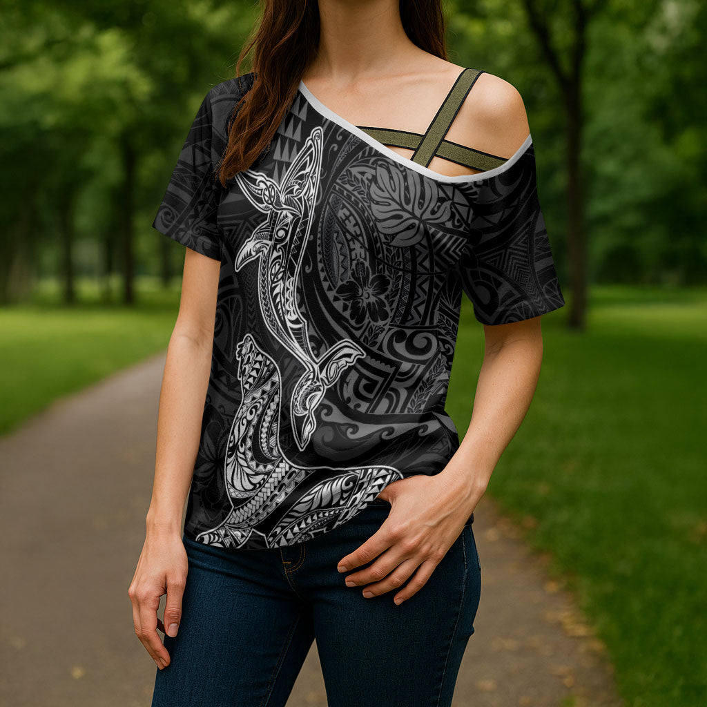 Hawaiian Monk Seal and Whale Cross Shoulder Shirt Kakau Tribal Pattern Grayscale
