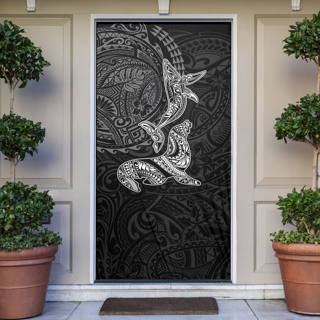 Hawaiian Monk Seal and Whale Door Cover Kakau Tribal Pattern Grayscale LT03 Black - Polynesian Pride