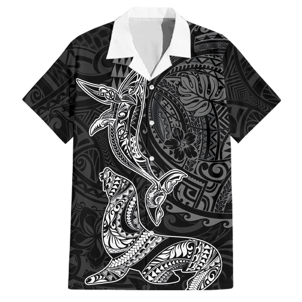 Hawaiian Monk Seal and Whale Family Matching Long Sleeve Bodycon Dress and Hawaiian Shirt Kakau Tribal Pattern Grayscale LT03 Dad's Shirt - Short Sleeve Black - Polynesian Pride