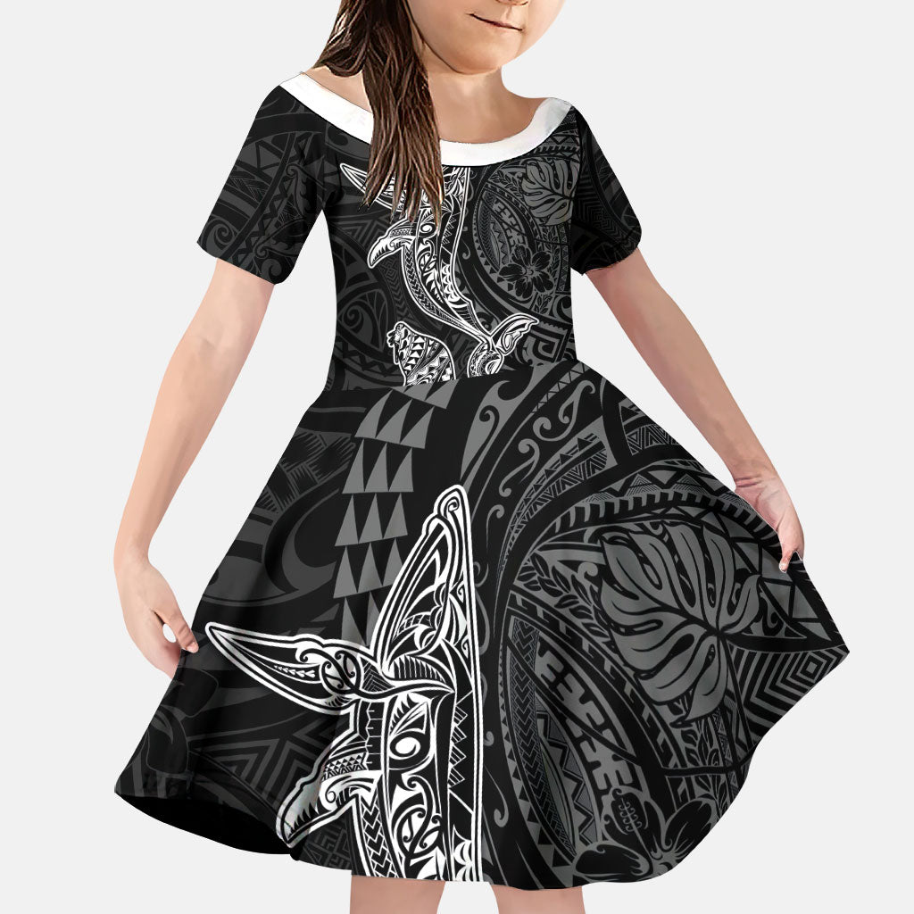 Hawaiian Monk Seal and Whale Family Matching Mermaid Dress and Hawaiian Shirt Kakau Tribal Pattern Grayscale LT03 Daughter's Dress Black - Polynesian Pride