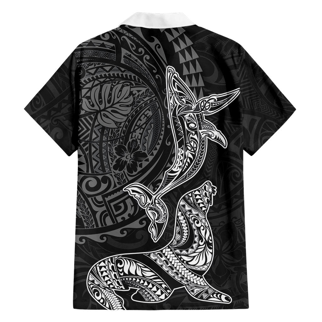 Hawaiian Monk Seal and Whale Family Matching Off The Shoulder Long Sleeve Dress and Hawaiian Shirt Kakau Tribal Pattern Grayscale LT03 - Polynesian Pride