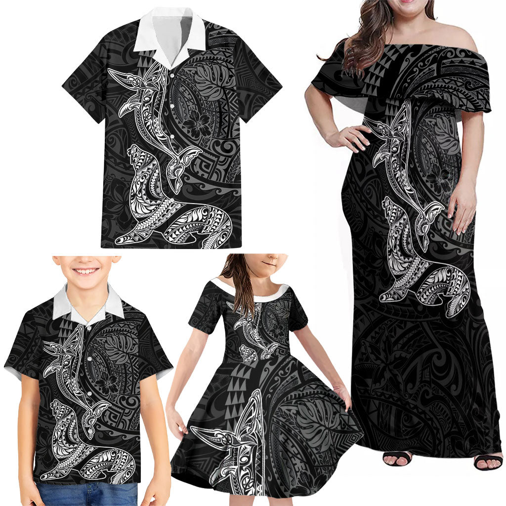Hawaiian Monk Seal and Whale Family Matching Off Shoulder Maxi Dress and Hawaiian Shirt Kakau Tribal Pattern Grayscale