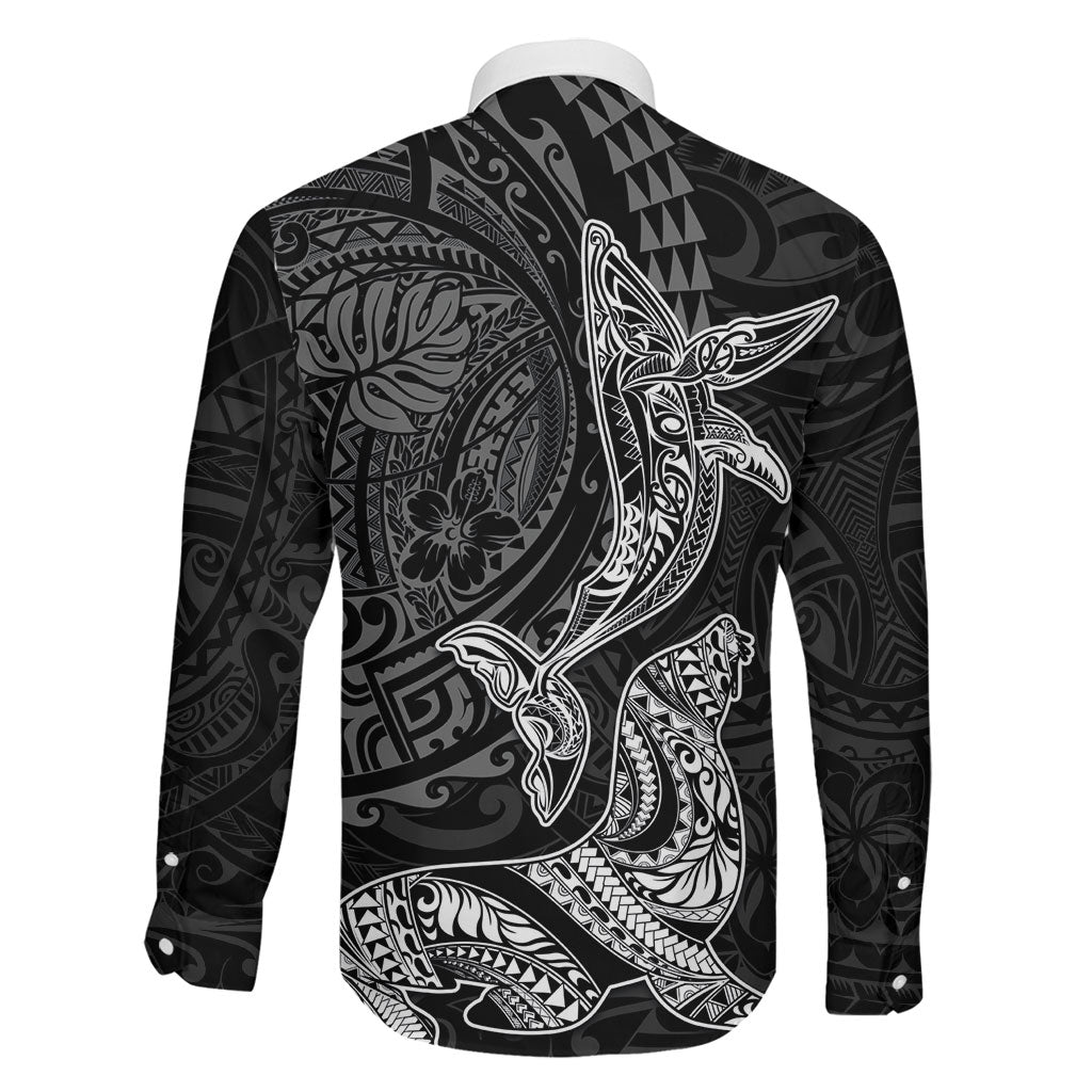 Hawaiian Monk Seal and Whale Family Matching Off Shoulder Maxi Dress and Hawaiian Shirt Kakau Tribal Pattern Grayscale LT03 - Polynesian Pride
