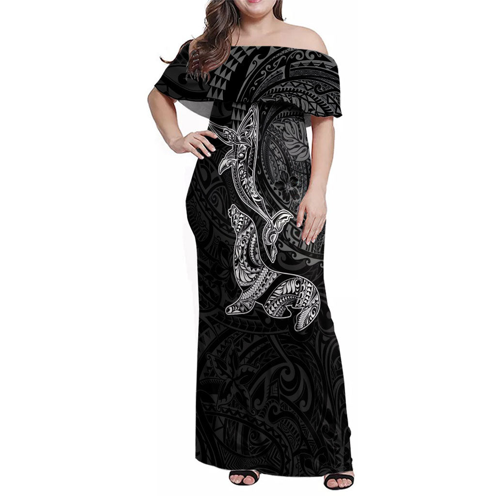 Hawaiian Monk Seal and Whale Family Matching Off Shoulder Maxi Dress and Hawaiian Shirt Kakau Tribal Pattern Grayscale LT03 Mom's Dress Black - Polynesian Pride