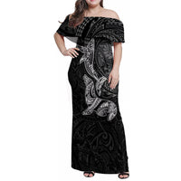 Hawaiian Monk Seal and Whale Family Matching Off Shoulder Maxi Dress and Hawaiian Shirt Kakau Tribal Pattern Grayscale LT03 Mom's Dress Black - Polynesian Pride