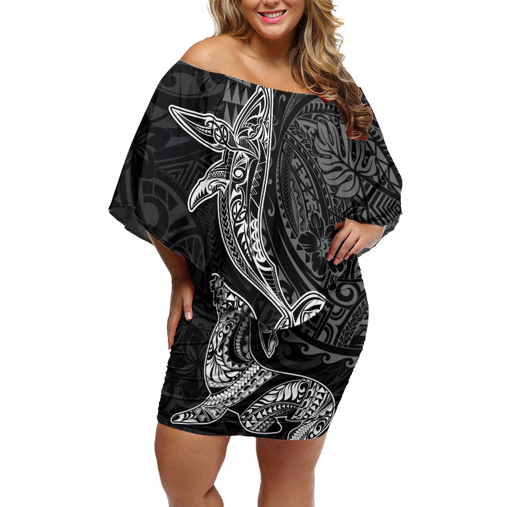 Hawaiian Monk Seal and Whale Family Matching Off Shoulder Short Dress and Hawaiian Shirt Kakau Tribal Pattern Grayscale LT03 Mom's Dress Black - Polynesian Pride
