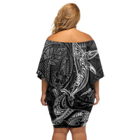 Hawaiian Monk Seal and Whale Family Matching Off Shoulder Short Dress and Hawaiian Shirt Kakau Tribal Pattern Grayscale LT03 - Polynesian Pride
