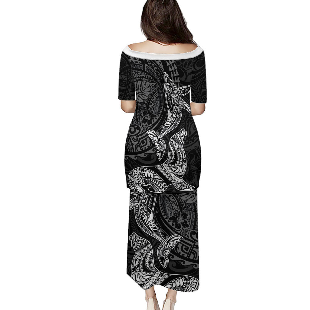 Hawaiian Monk Seal and Whale Family Matching Puletasi and Hawaiian Shirt Kakau Tribal Pattern Grayscale LT03 - Polynesian Pride