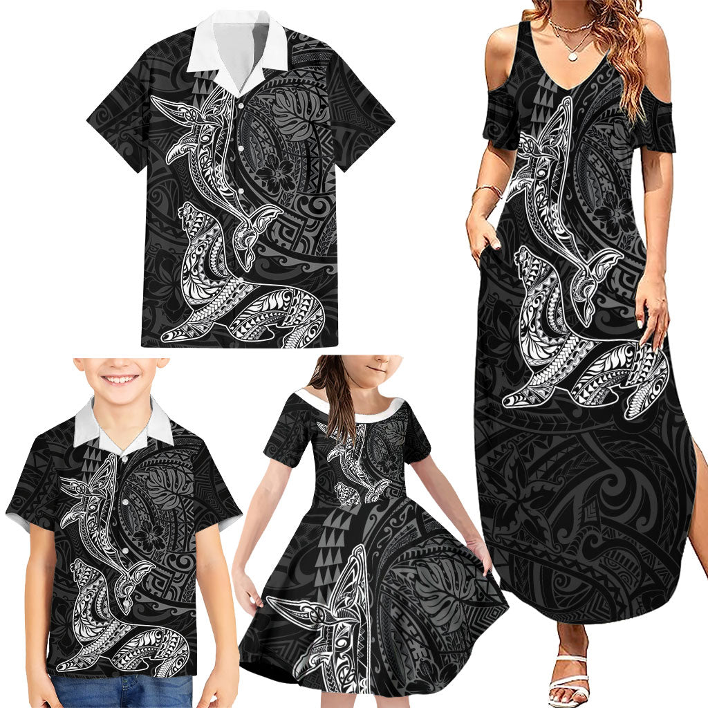 Hawaiian Monk Seal and Whale Family Matching Summer Maxi Dress and Hawaiian Shirt Kakau Tribal Pattern Grayscale LT03 - Polynesian Pride
