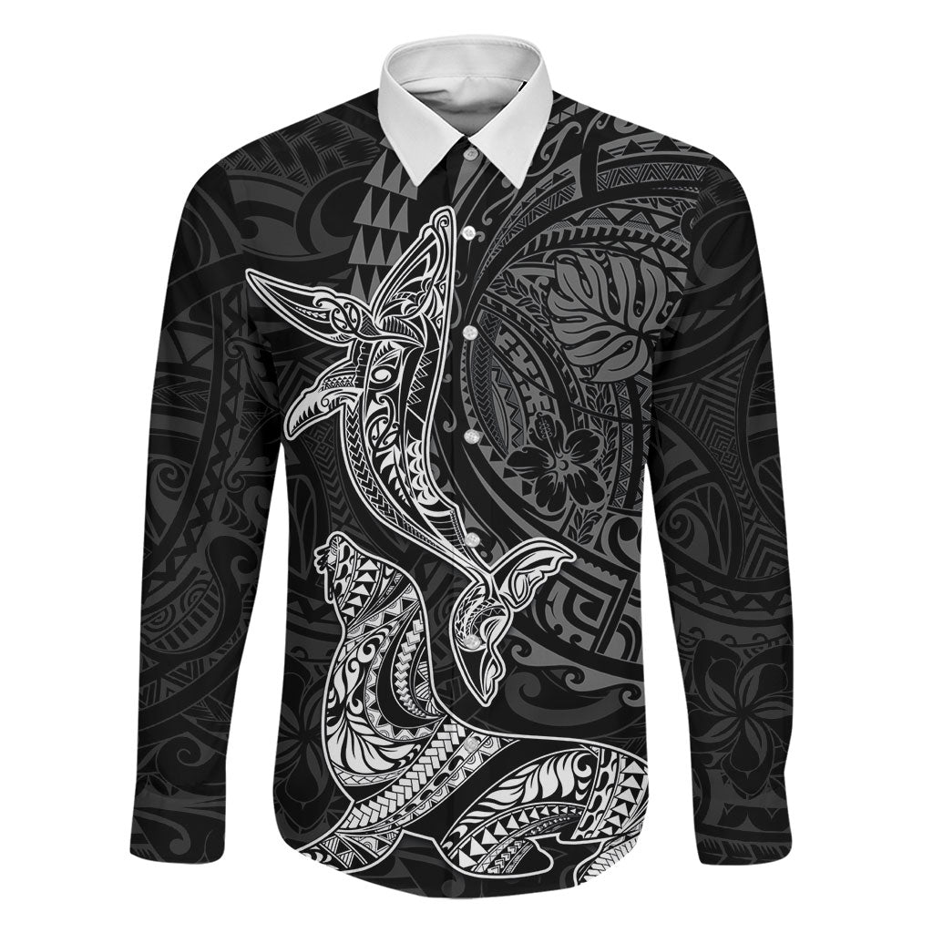 Hawaiian Monk Seal and Whale Family Matching Summer Maxi Dress and Hawaiian Shirt Kakau Tribal Pattern Grayscale LT03 Dad's Shirt - Long Sleeve Black - Polynesian Pride