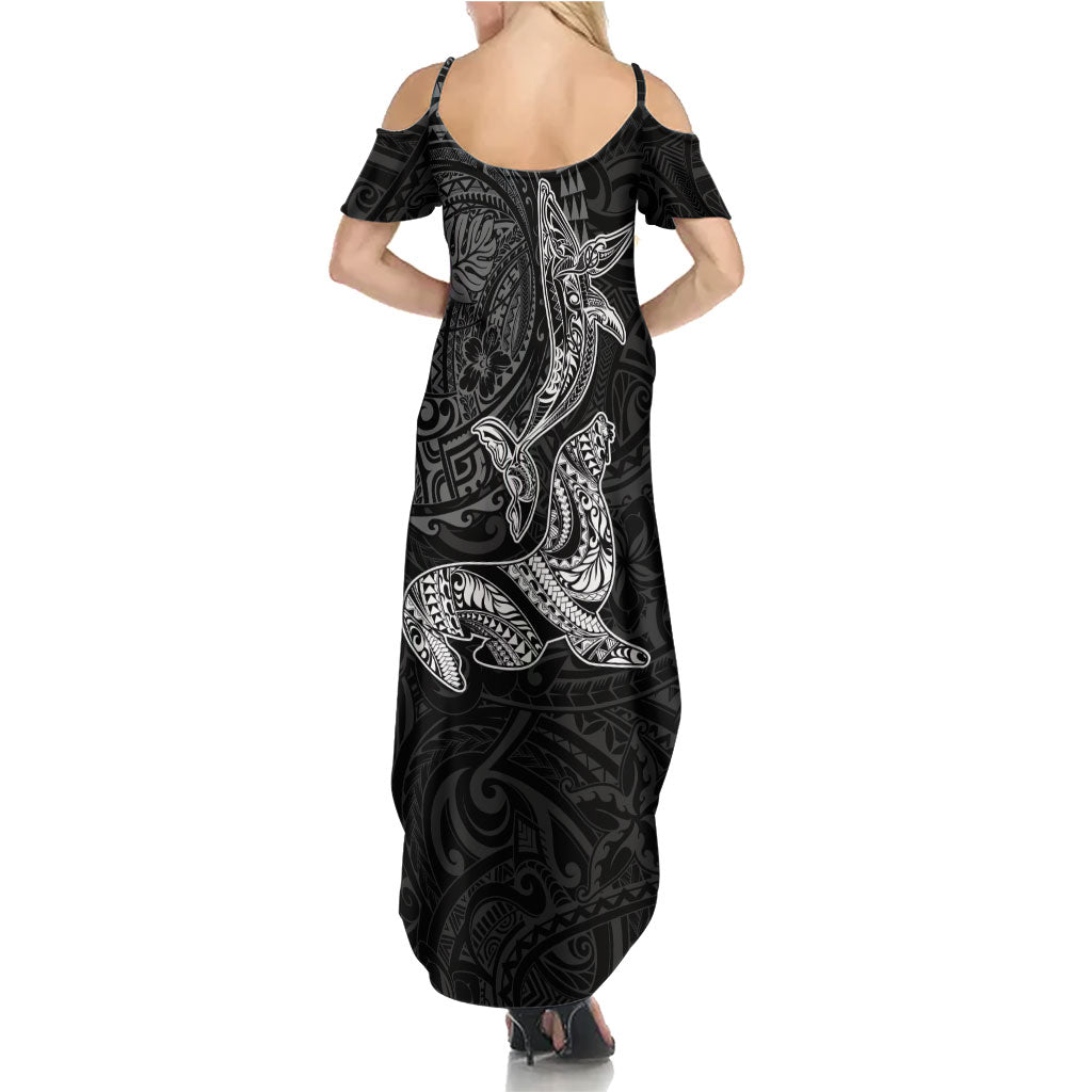 Hawaiian Monk Seal and Whale Family Matching Summer Maxi Dress and Hawaiian Shirt Kakau Tribal Pattern Grayscale LT03 - Polynesian Pride