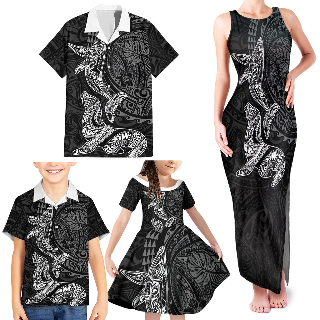 Hawaiian Monk Seal and Whale Family Matching Tank Maxi Dress and Hawaiian Shirt Kakau Tribal Pattern Grayscale LT03 - Polynesian Pride