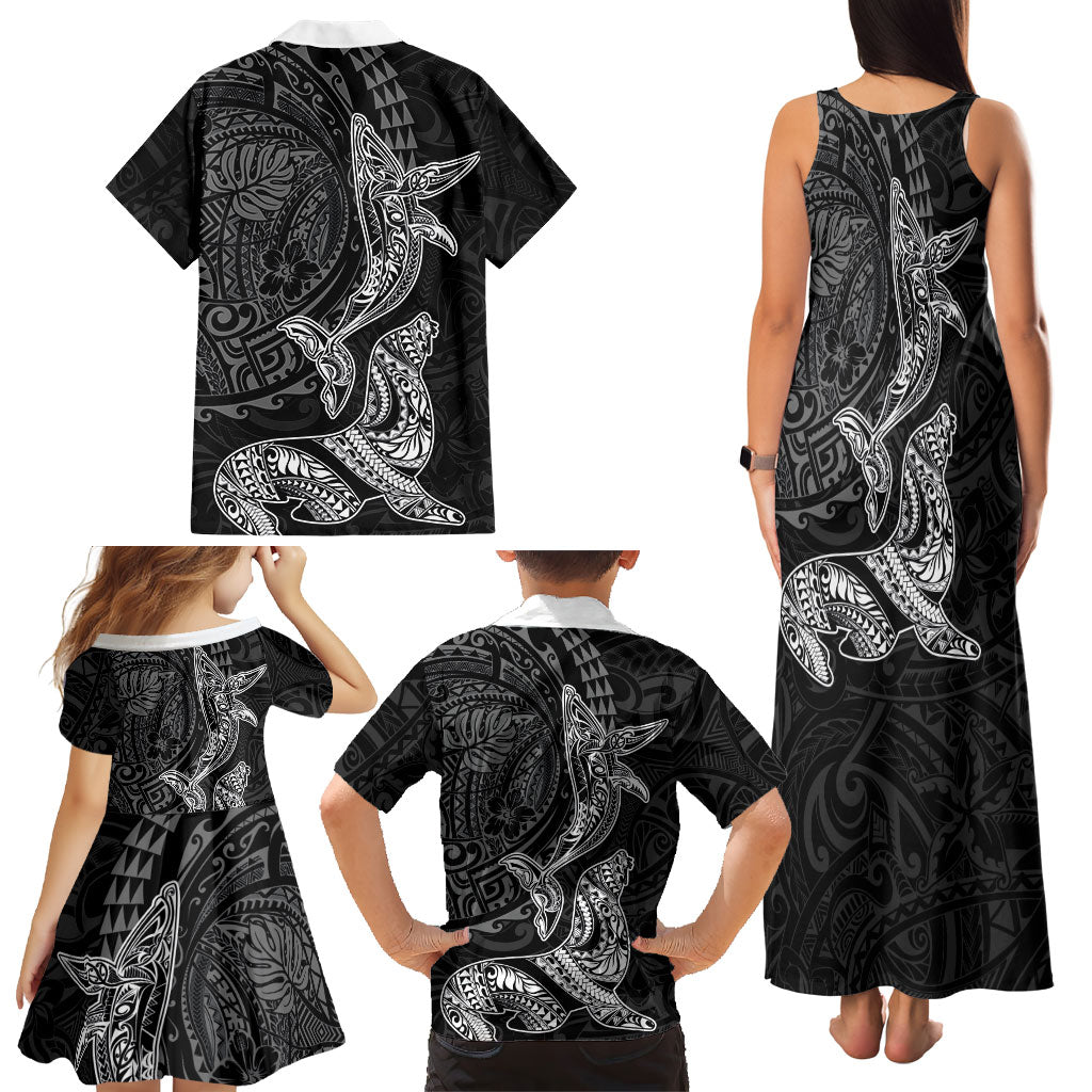 Hawaiian Monk Seal and Whale Family Matching Tank Maxi Dress and Hawaiian Shirt Kakau Tribal Pattern Grayscale LT03 - Polynesian Pride
