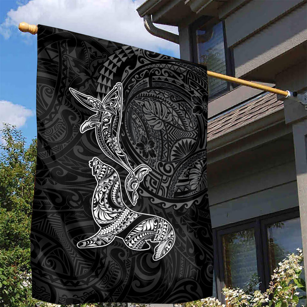 Hawaiian Monk Seal and Whale Garden Flag Kakau Tribal Pattern Grayscale