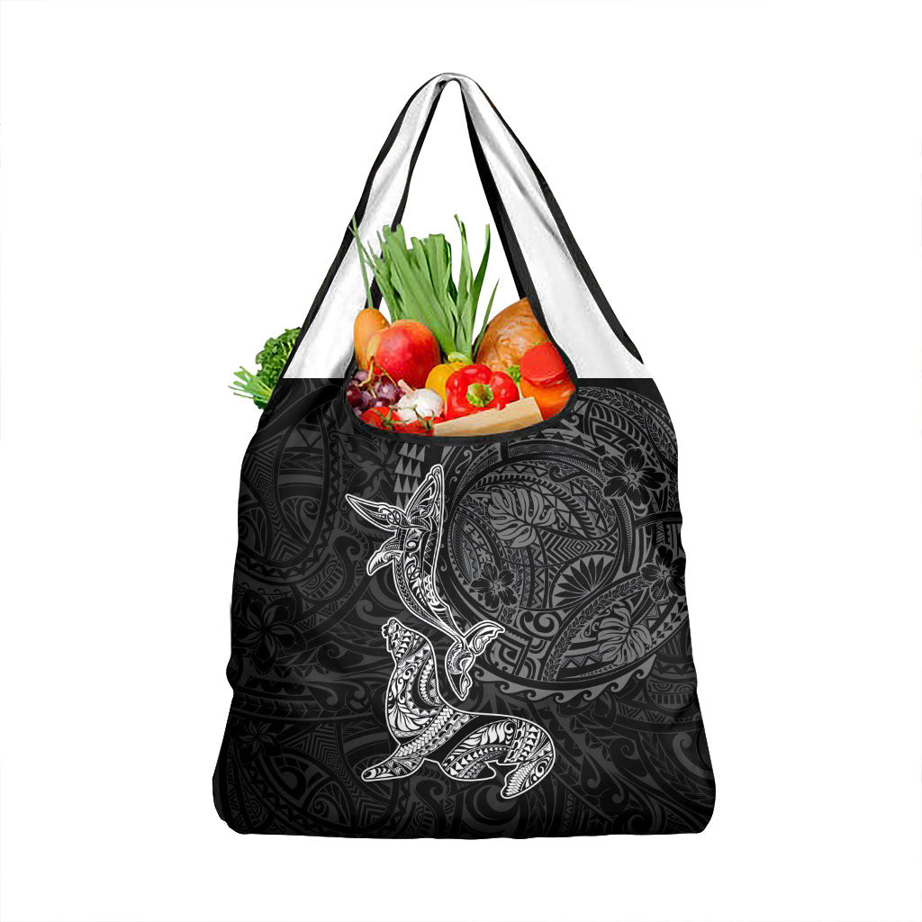 Hawaiian Monk Seal and Whale Grocery Bag Kakau Tribal Pattern Grayscale LT03 1-pack One Size Black - Polynesian Pride