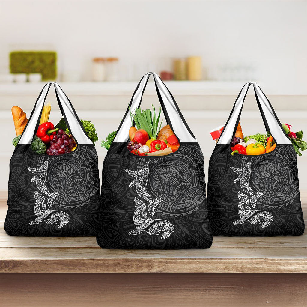 Hawaiian Monk Seal and Whale Grocery Bag Kakau Tribal Pattern Grayscale