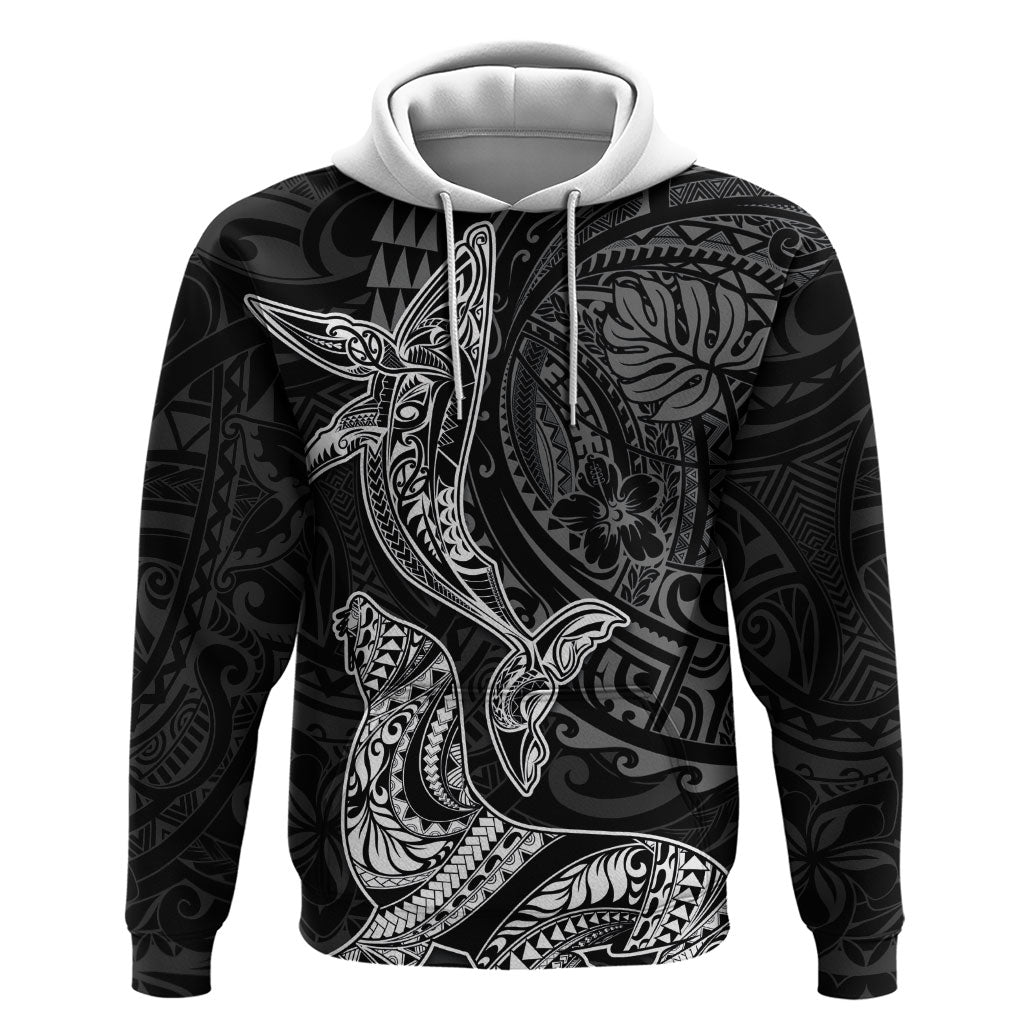 Hawaiian Monk Seal and Whale Hoodie Kakau Tribal Pattern Grayscale