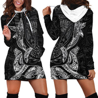 Hawaiian Monk Seal and Whale Hoodie Dress Kakau Tribal Pattern Grayscale