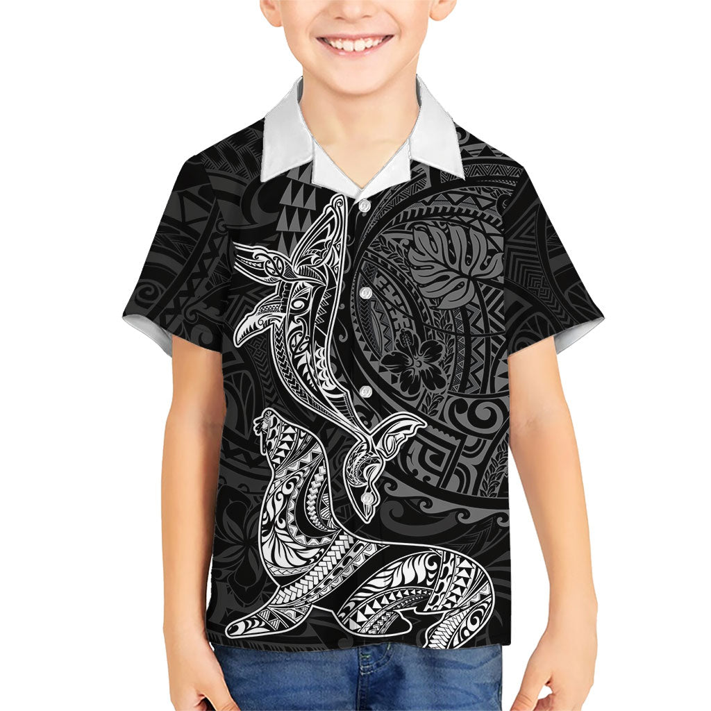 Hawaiian Monk Seal and Whale Kid Hawaiian Shirt Kakau Tribal Pattern Grayscale