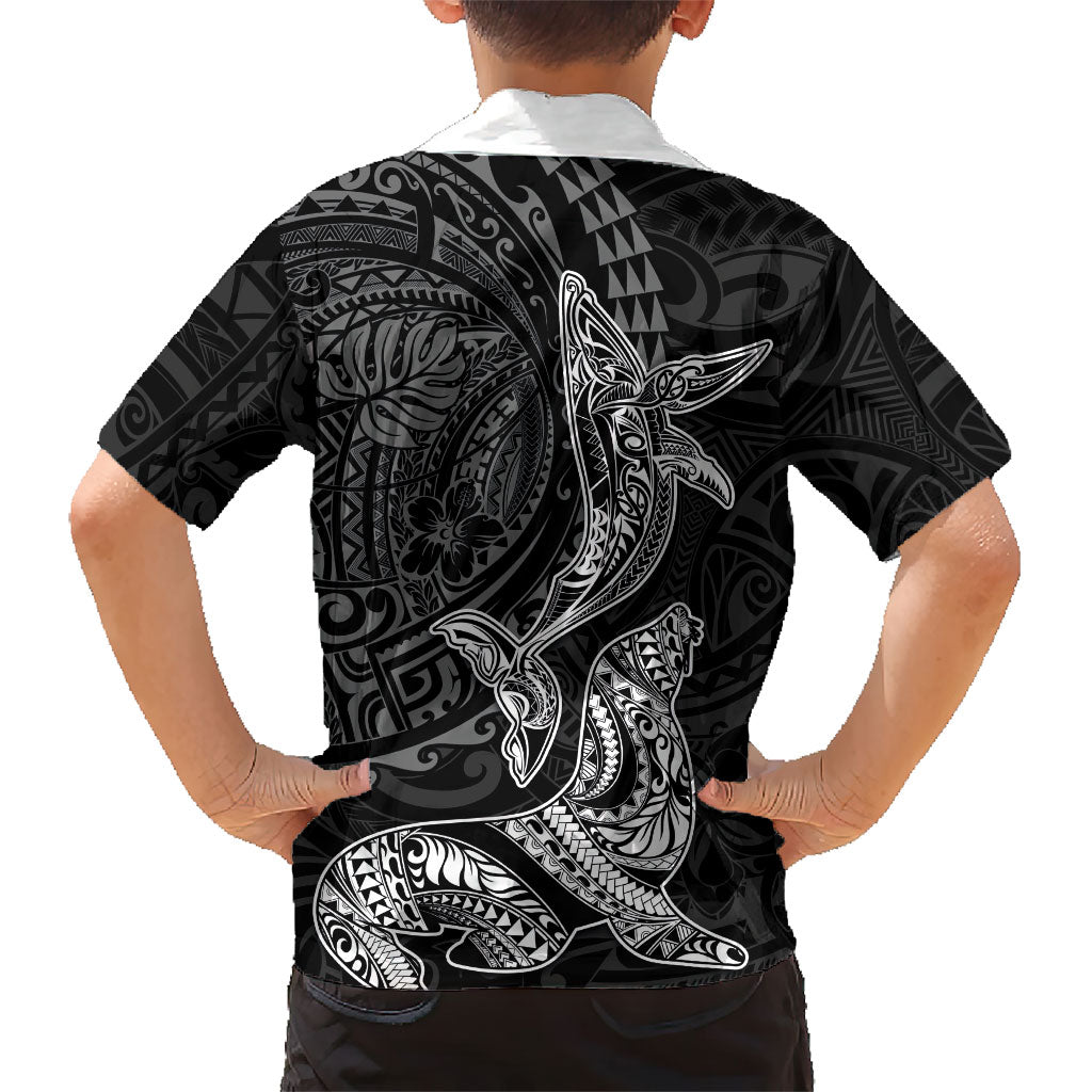 Hawaiian Monk Seal and Whale Kid Hawaiian Shirt Kakau Tribal Pattern Grayscale
