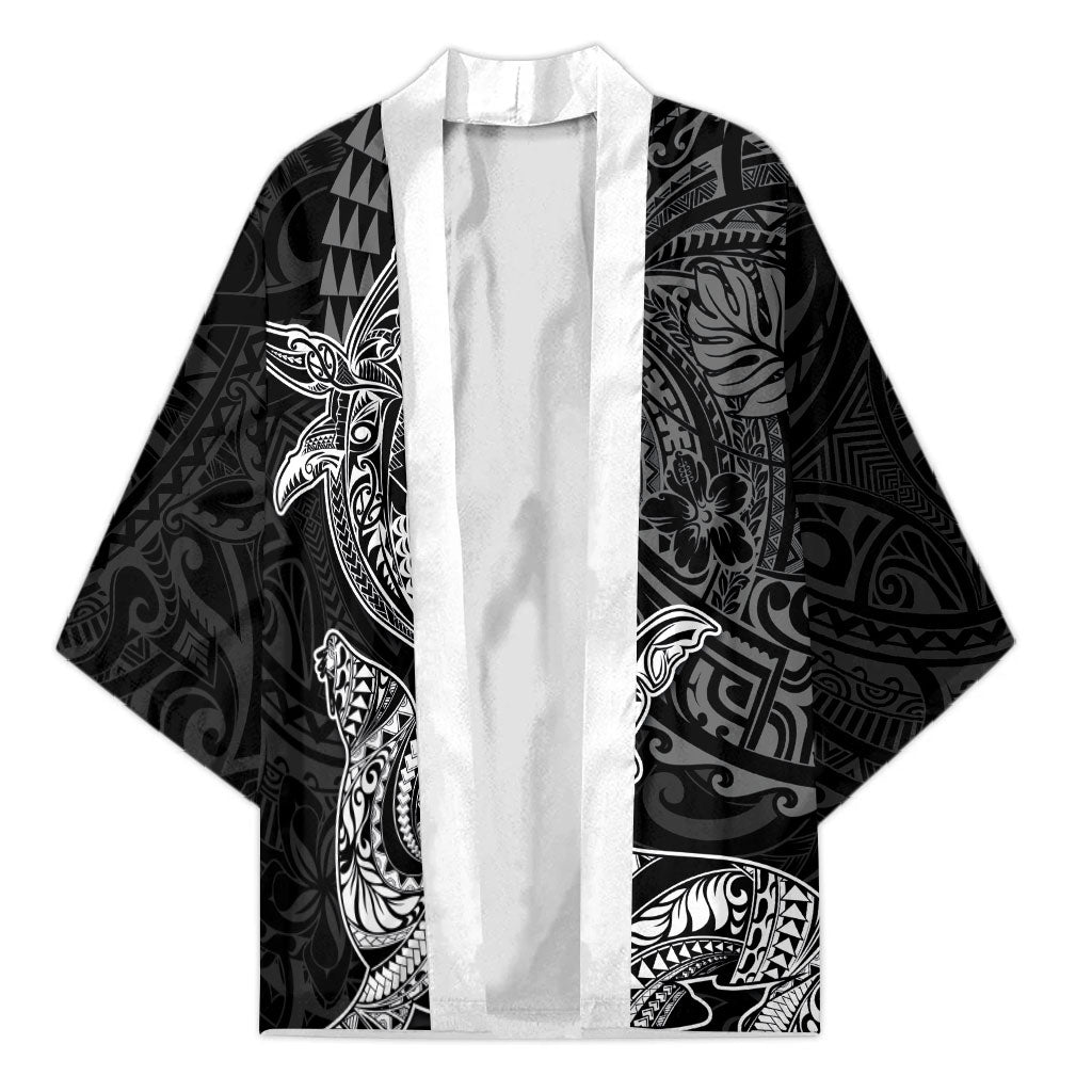 Hawaiian Monk Seal and Whale Kimono Kakau Tribal Pattern Grayscale LT03 Unisex Black - Polynesian Pride