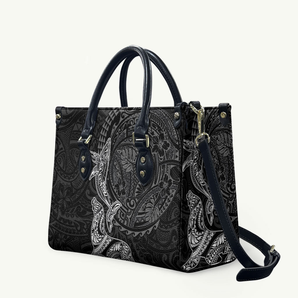 Hawaiian Monk Seal and Whale Leather Bag Kakau Tribal Pattern Grayscale LT03 Black - Polynesian Pride