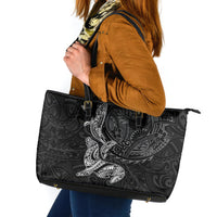Hawaiian Monk Seal and Whale Leather Tote Bag Kakau Tribal Pattern Grayscale LT03 Black - Polynesian Pride