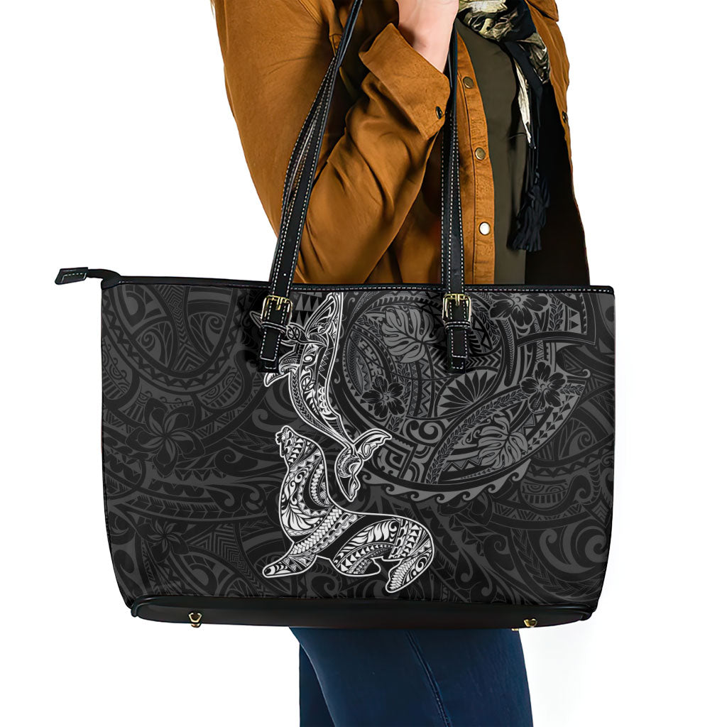 Hawaiian Monk Seal and Whale Leather Tote Bag Kakau Tribal Pattern Grayscale LT03 - Polynesian Pride