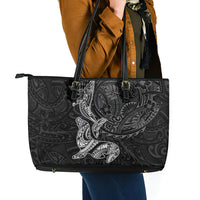 Hawaiian Monk Seal and Whale Leather Tote Bag Kakau Tribal Pattern Grayscale LT03 - Polynesian Pride