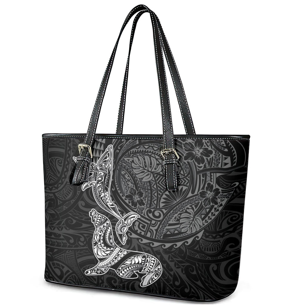 Hawaiian Monk Seal and Whale Leather Tote Bag Kakau Tribal Pattern Grayscale LT03 - Polynesian Pride